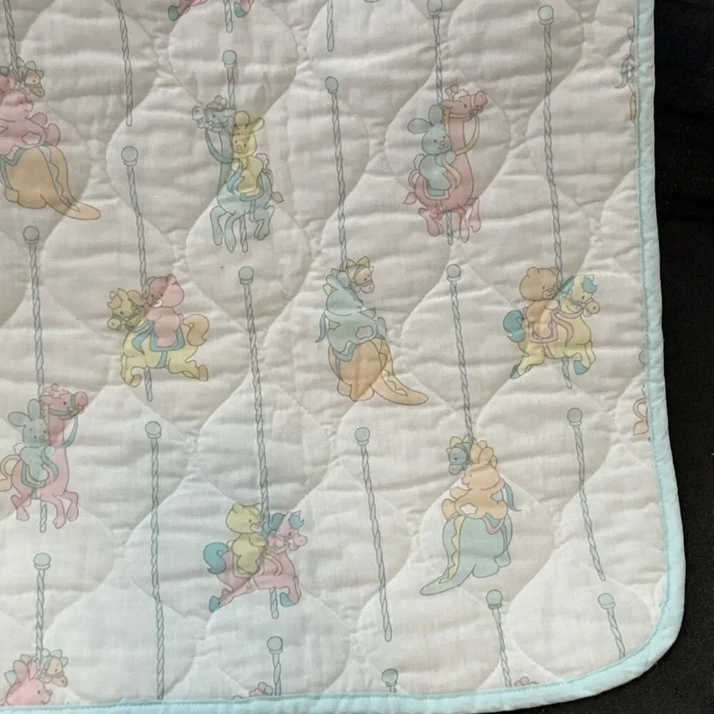 Vintage 80s Morgan Inc Teddy Beddy Bear Carousel Quilted Baby Blanket‎ Quilt